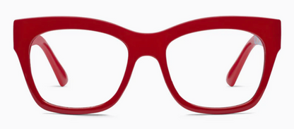 Peepers- C'est La Vie: bold red rectangular eyeglass frames with thick rims, available in multiple sizes.
