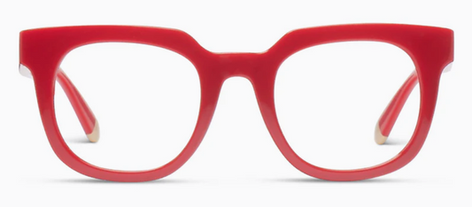 Bright red chunky rectangular Peepers Harlow eyeglasses. Available sizes: small, medium, large.