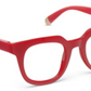 Red rectangular chunky-frame eyeglasses with clear lenses, tan tips. Vintage-inspired. Sizes: small, medium, large.