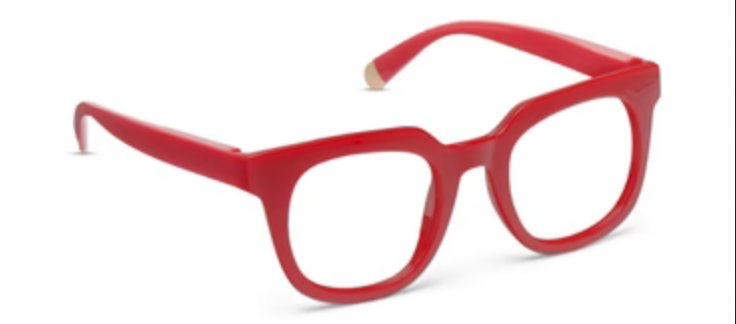 Red rectangular chunky-frame eyeglasses with clear lenses, tan tips. Vintage-inspired. Sizes: small, medium, large.