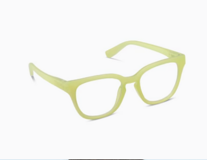 The Peepers Nola glasses have a translucent light yellow rectangular frame; available in multiple sizes.