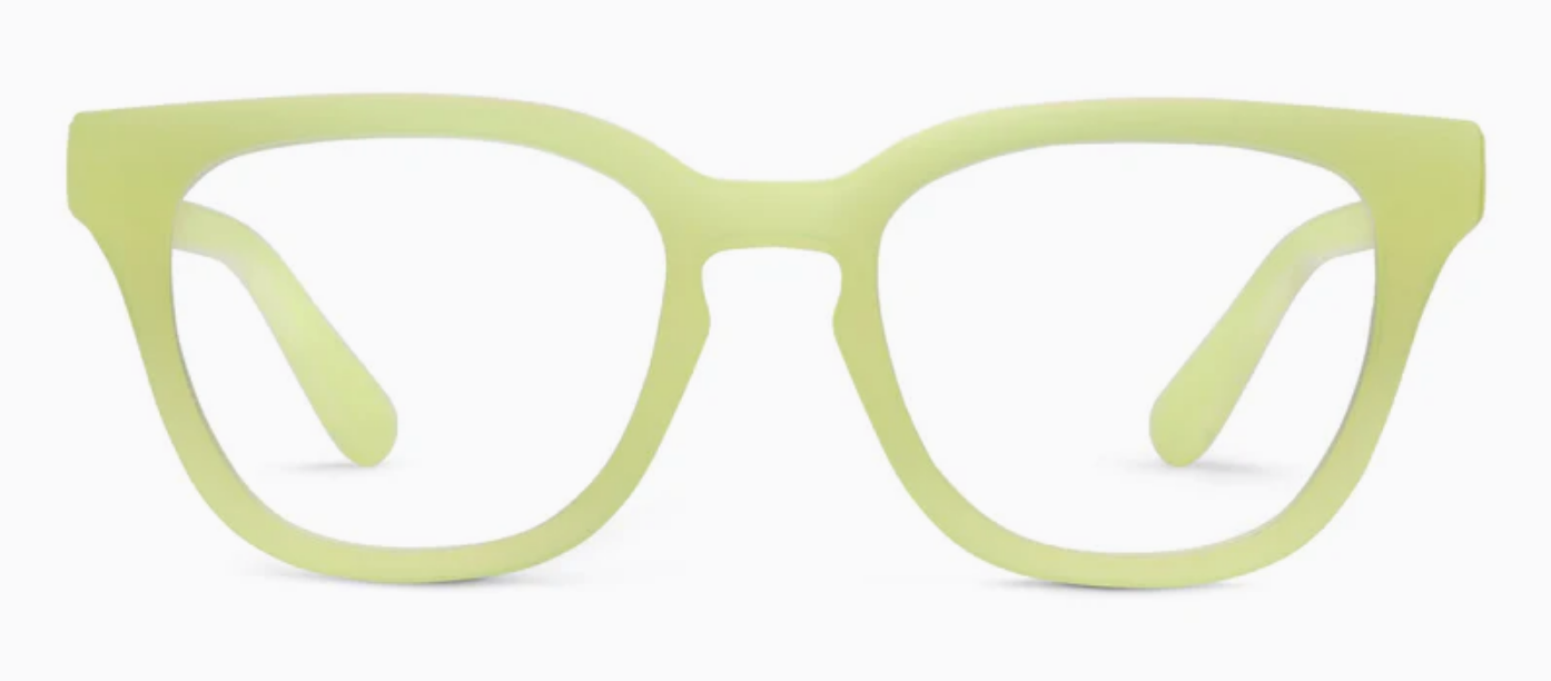 Peepers Nola: Matte light green rectangular glasses. Available in narrow, medium, and wide sizes.
