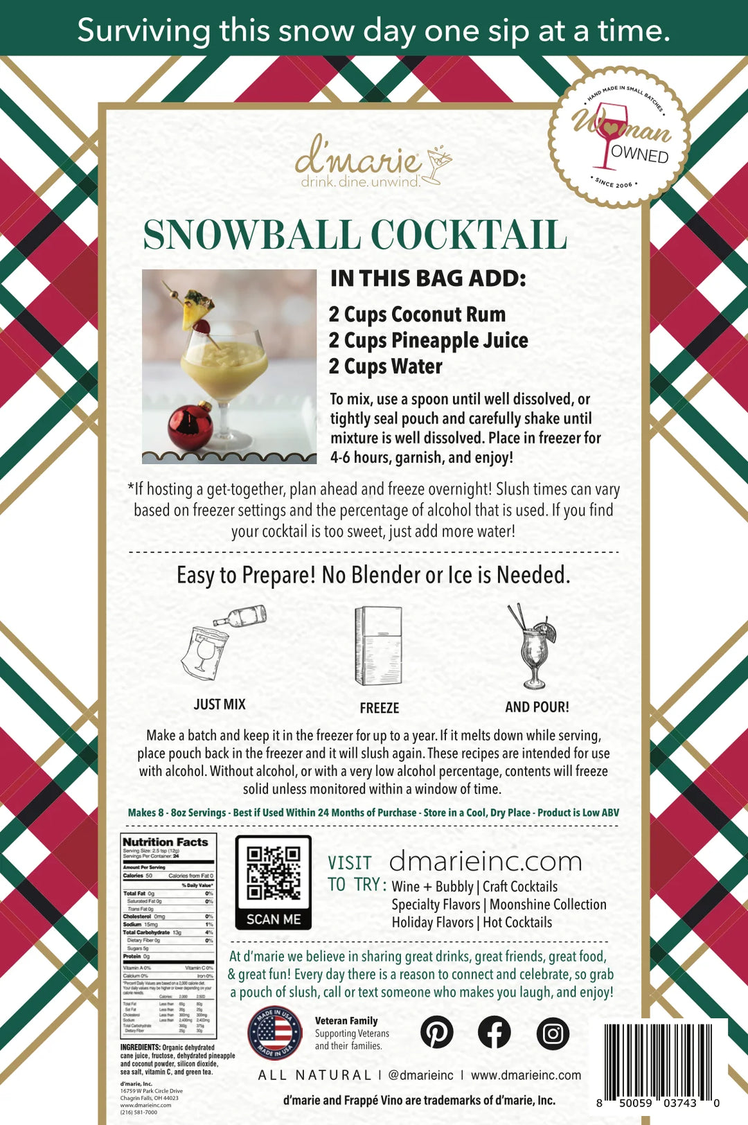 Snowball Cocktail 10 oz. d’marie Drink Mixes pouch including instructions, ingredients, nutrition label, QR code, and vegan gluten-free certification.