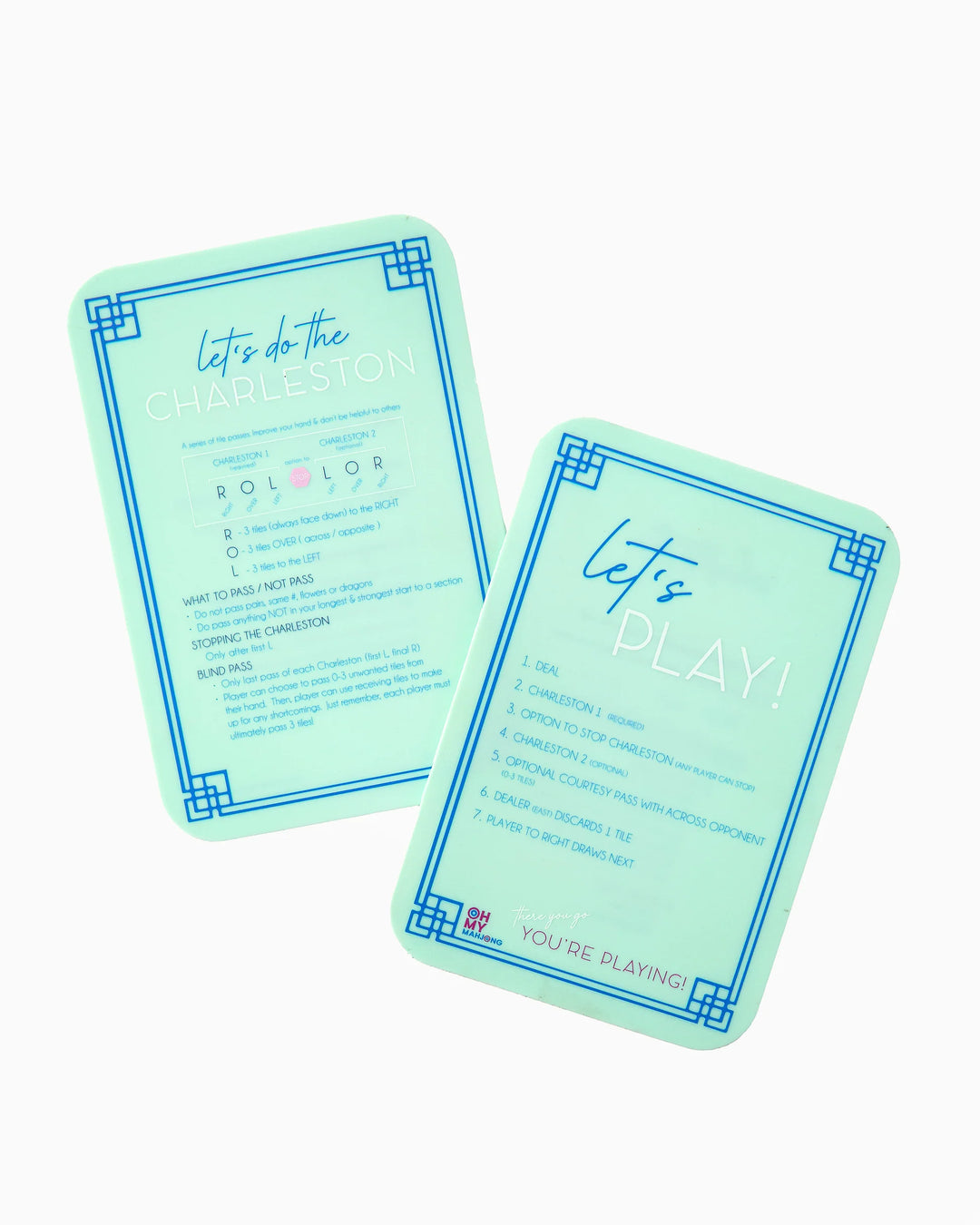 Mint Mahjong Shufflers: 2 rectangular instruction cards with white and blue borders, each with bold blue text. Sizes not specified.