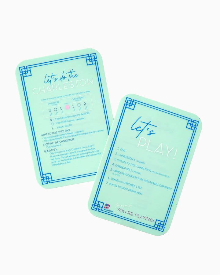 Mint Mahjong Shufflers: 2 rectangular instruction cards with white and blue borders, each with bold blue text. Sizes not specified.
