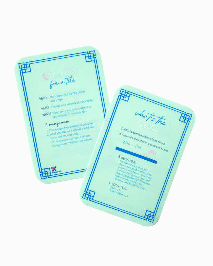Set of two light blue Mahjong Shuffler cards with blue borders, each featuring playful game phrases. Sizes available.