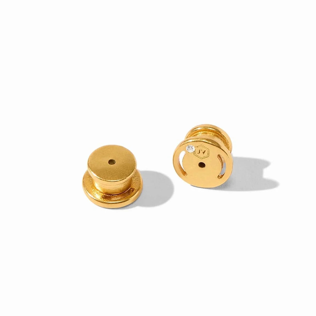 Signature Small Gold Earring Backs with a central hole, sparkling gem, and engraved details. Compatible with Julie Vos earring backs. Available in small size.
