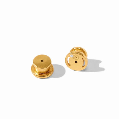 Signature Small Gold Earring Backs with a central hole, sparkling gem, and engraved details. Compatible with Julie Vos earring backs. Available in small size.