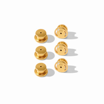 Six Signature Small Gold Earring Backs with small holes and etched details; available in small size for secure earring replacement.