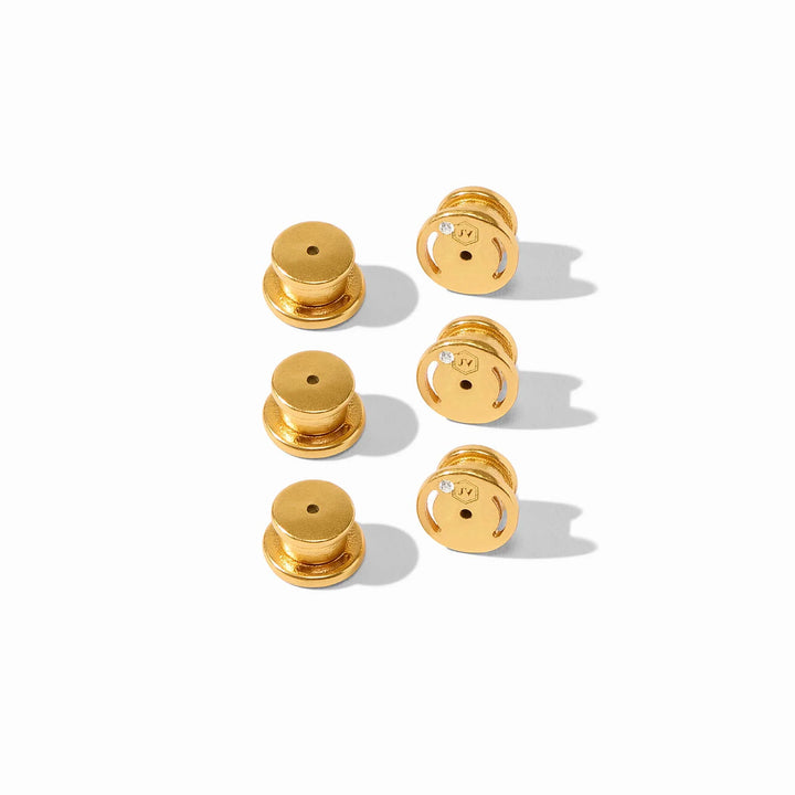 Six Signature Small Gold Earring Backs with small holes and etched details; available in small size for secure earring replacement.