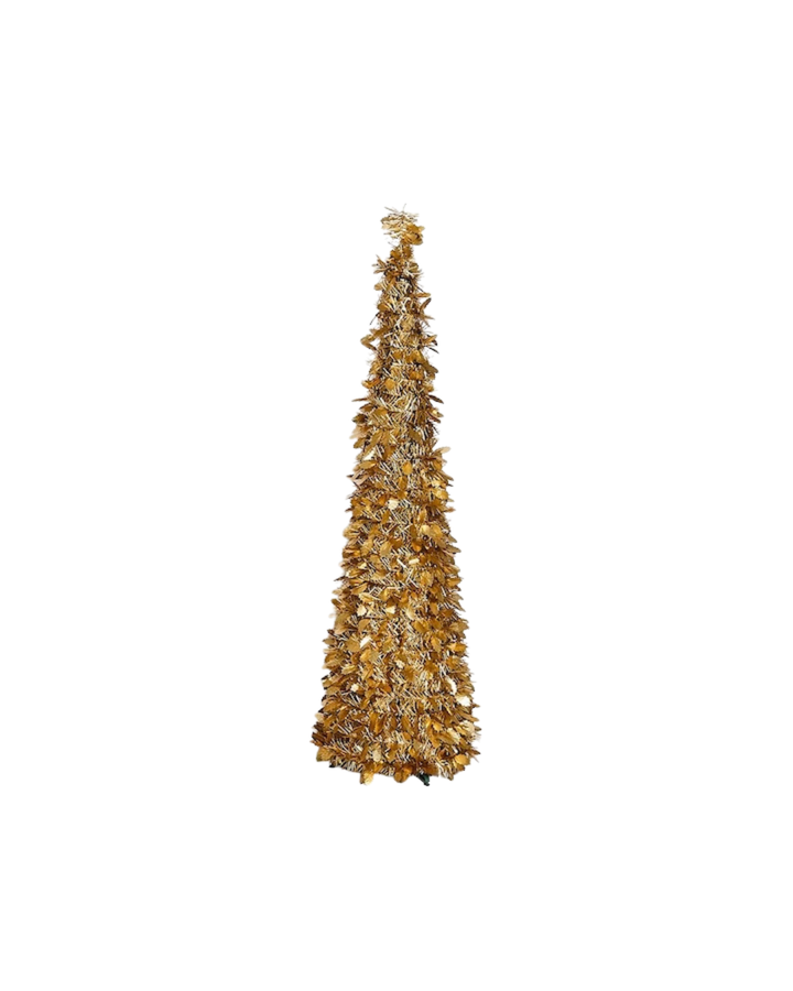 Metallic gold Tinsel &amp; Holly Collapsible Metallic Tree, available in three sizes.