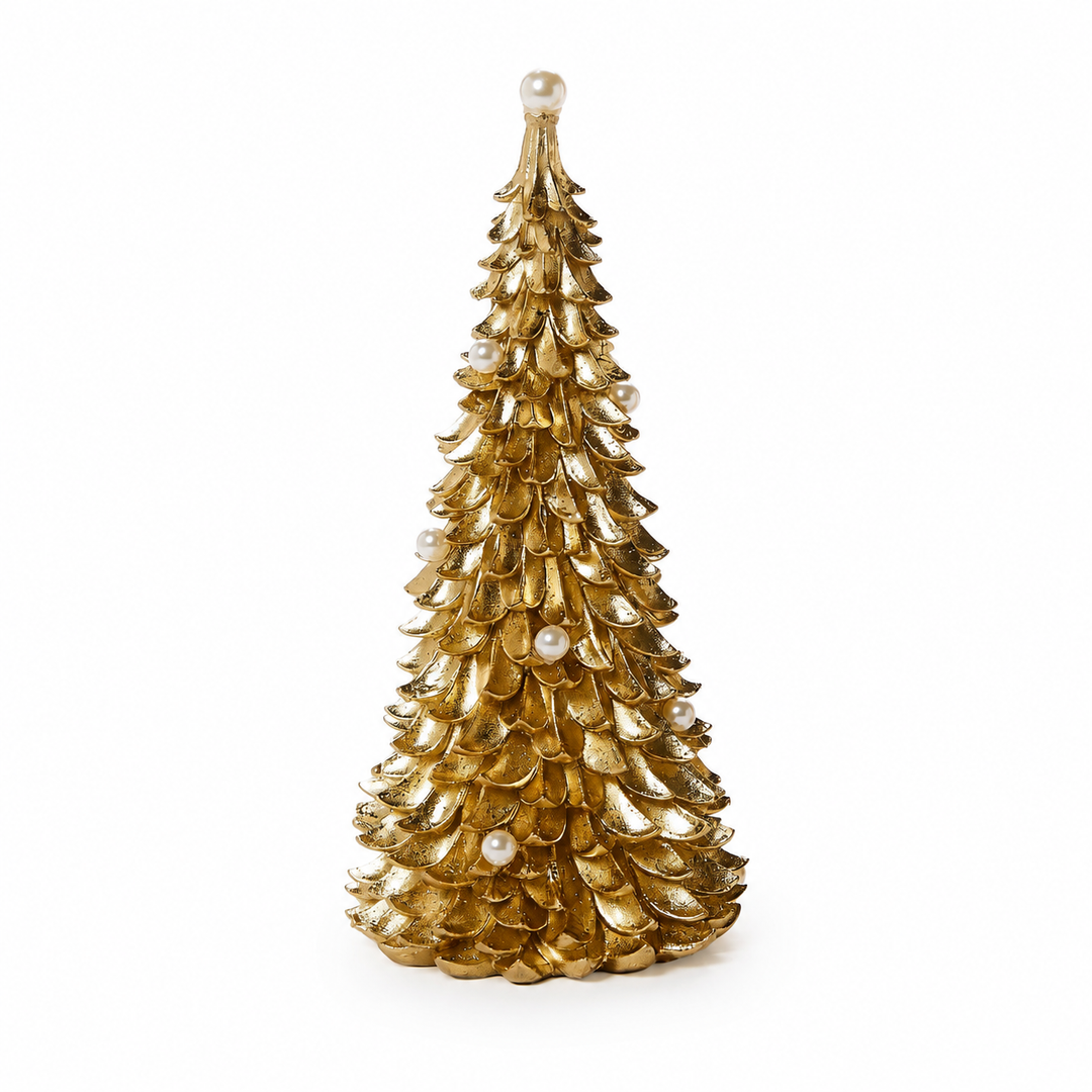 Gold Trees with Pearl Accents, gilded gold decorative Christmas tree with white pearls.