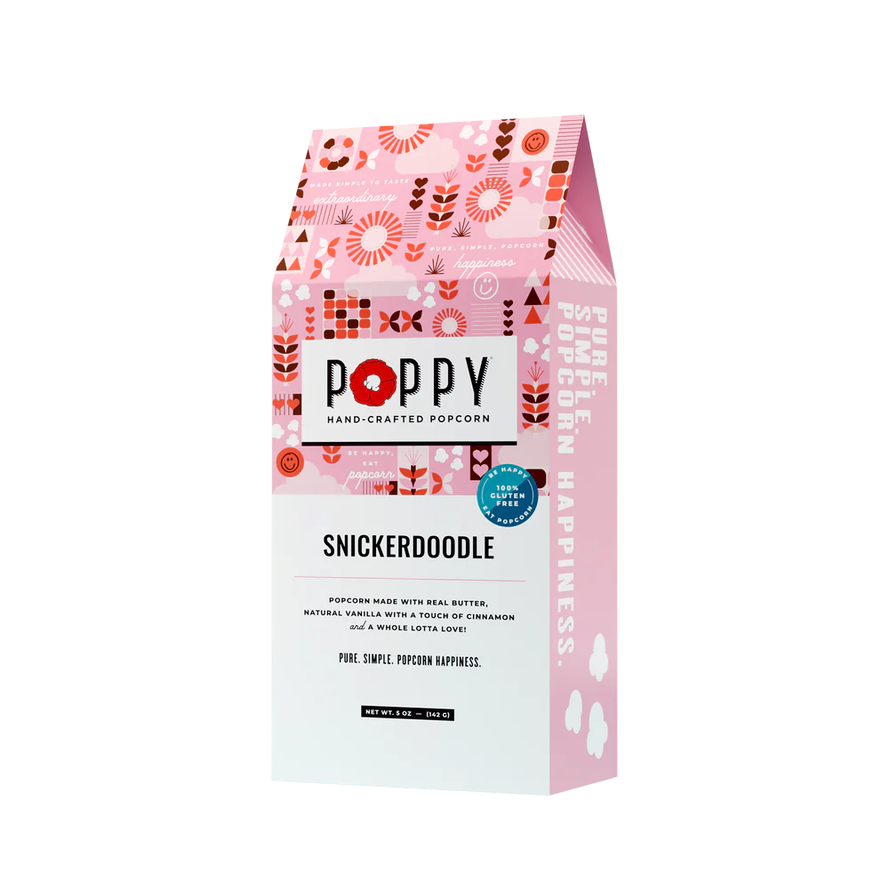 Snickerdoodle Cookie Popcorn Gift Box with pink, patterned design and bold text. Sizes available: small, medium, large.