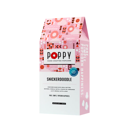 Snickerdoodle Cookie Popcorn Gift Box with pink, patterned design and bold text. Sizes available: small, medium, large.