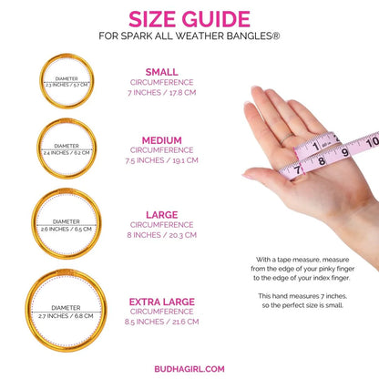 The Spark All Weather Bangles® Set of 6 size guide shows four sizes with diameters, circumferences, and fitting instructions.