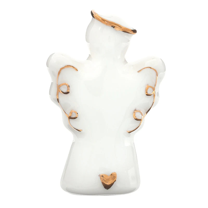 White ceramic angel figurine with gold accents on wings, head, and a small gold heart at the base. Available in small and large sizes.