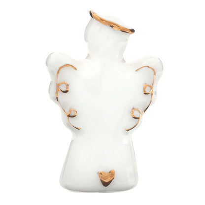 White ceramic angel figurine with gold accents on wings, head, and a small gold heart at the base. Available in small and large sizes.