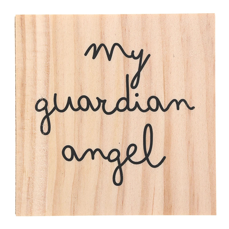 Light wood square plaque with “my guardian angel” in black cursive; available in multiple sizes as a decorative accent.