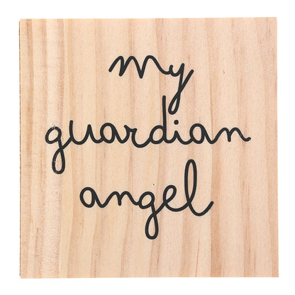 Light wood square plaque with “my guardian angel” in black cursive; available in multiple sizes as a decorative accent.