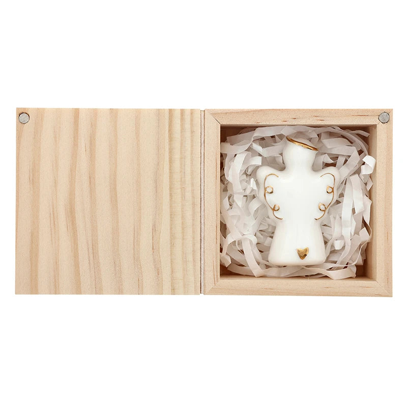 Ceramic Keepsake Figurine | Angel with Halo: small white ceramic angel with gold accents. Available sizes: small, medium, large.