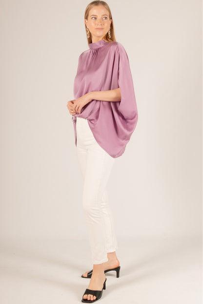 Satin Mock Neck Elastic Front Back Neck Tie Top shown. Available in sizes XS-XL.