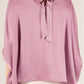 Satin Mock Neck Elastic Front Back Tie Top in light purple, flowing fit, soft sheen. Available in S, M, L, XL.