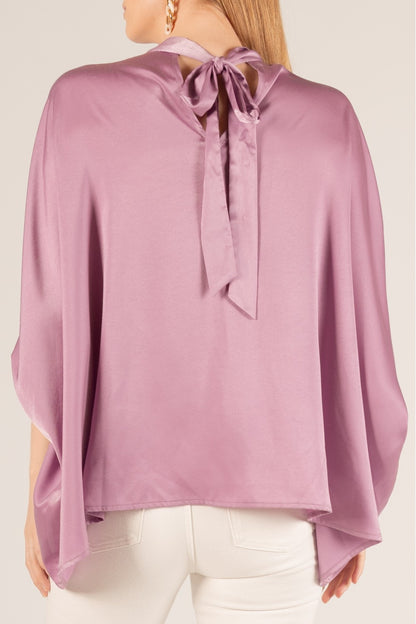 Satin Mock Neck Elastic Front Back Tie Top in light purple, flowing fit, soft sheen. Available in S, M, L, XL.