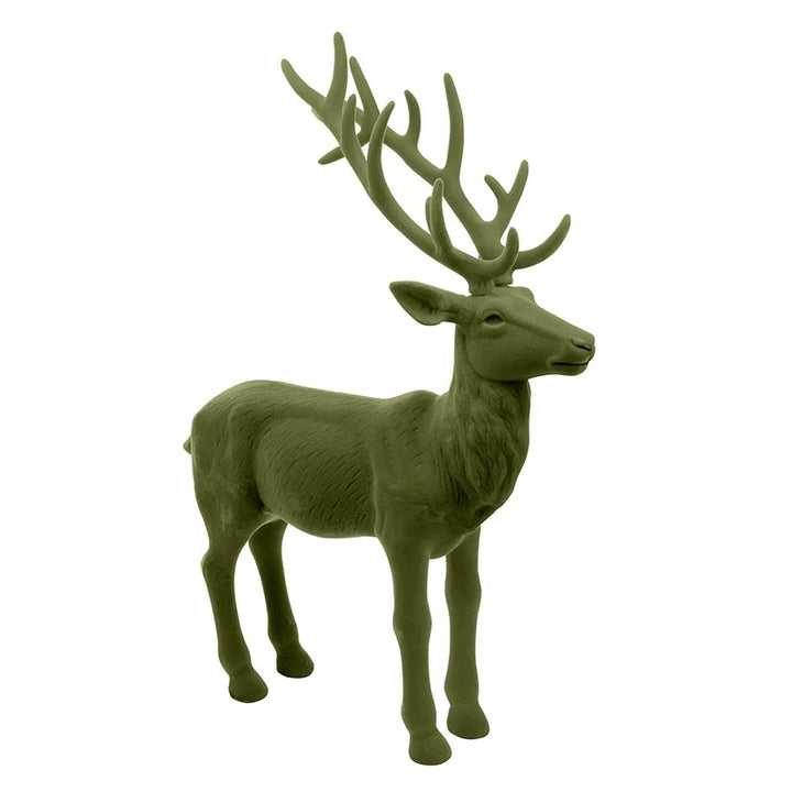 Forest Green 32″ flocked reindeer figurine with large antlers.