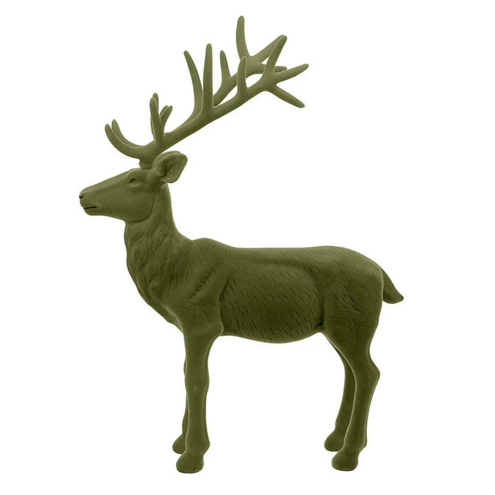 32″ Forest Green flocked reindeer figurine with antlers.