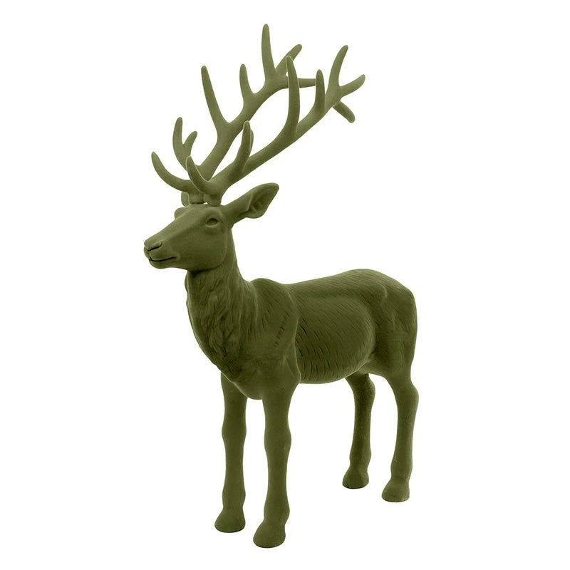 Forest Green 32″ flocked reindeer figurine with antlers.