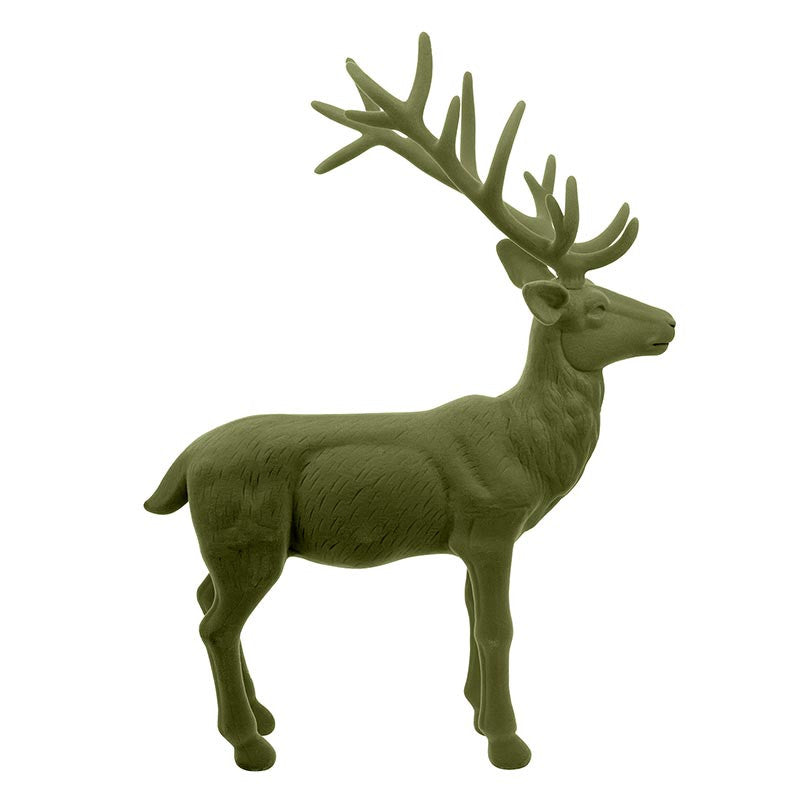 32″ olive green flocked reindeer figurine.