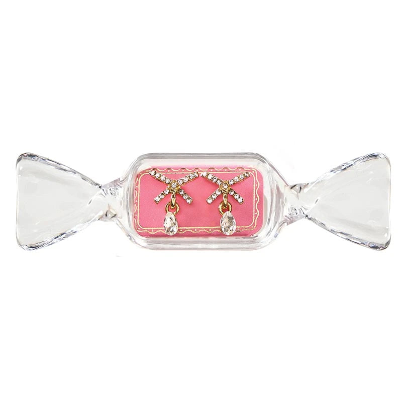 Sweet &amp; Sparkly Candy Dish Earrings with gold-toned stud bows, dangling teardrop rhinestones, and clear candy-shaped containers.