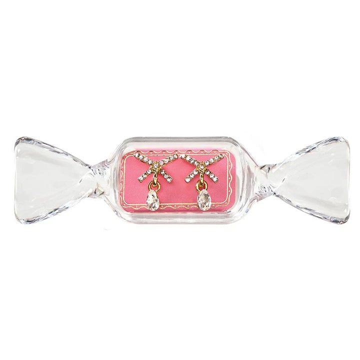 Sweet &amp; Sparkly Candy Dish Earrings with gold-toned stud bows, dangling teardrop rhinestones, and clear candy-shaped containers.