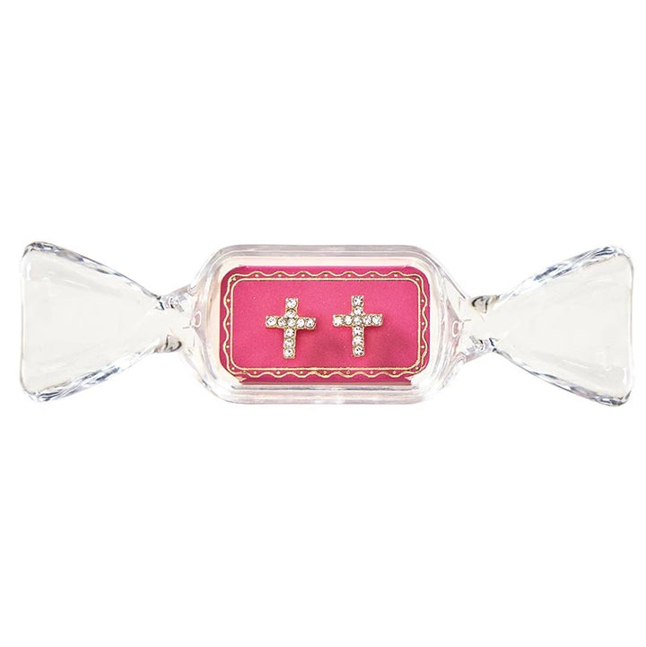 Sweet &amp; Sparkly rhinestone-studded cross stud earrings in a pink, candy-shaped container.