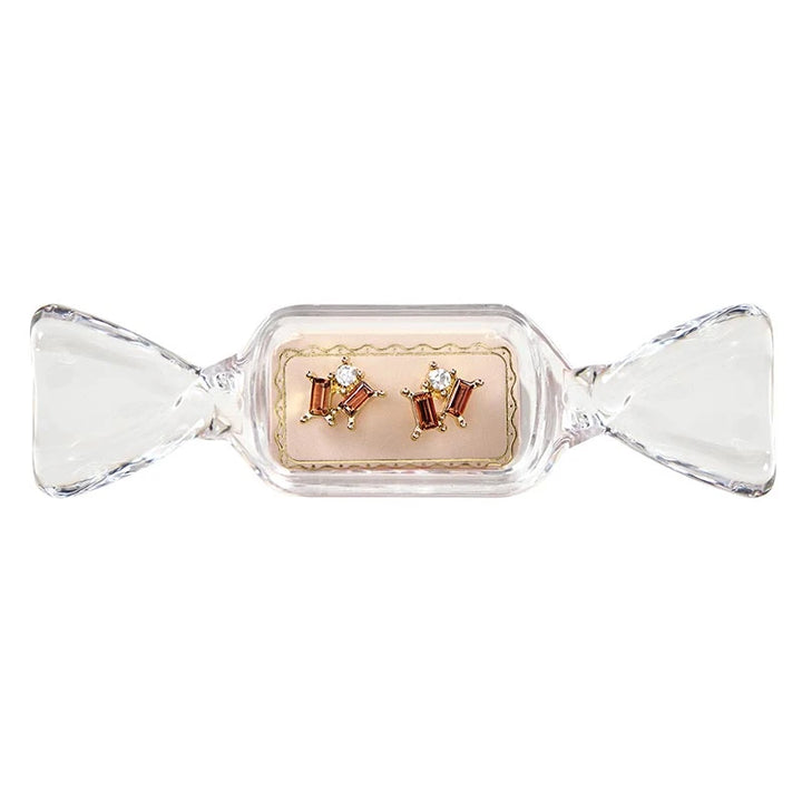 Sweet &amp; Sparkly Candy Dish Earrings with a round stone and two rectangular cognac stones in a candy-shaped container.