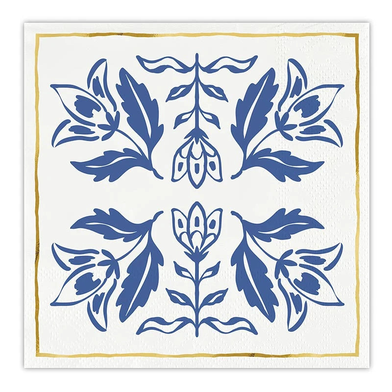 White square cocktail napkins with gold borders and blue floral damask pattern, sized for standard acrylic napkin trays.