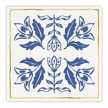 White square cocktail napkins with gold borders and blue floral damask pattern, sized for standard acrylic napkin trays.