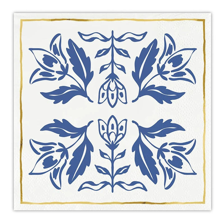 White square cocktail napkins with gold borders and blue floral damask pattern, sized for standard acrylic napkin trays.