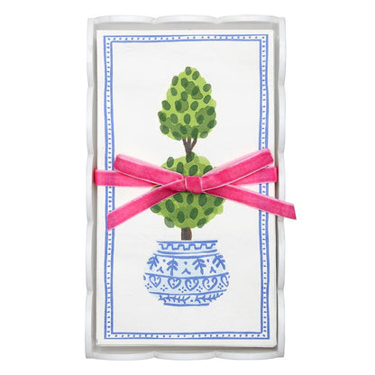 Acrylic Guest Napkin Tray + Napkins | Topiary includes a clear acrylic tray and guest napkins featuring a decorative card with a painted topiary in a blue patterned pot, bordered in blue with a pink velvet ribbon. Sizes: standard guest napkin dimensions; tray fits guest towels.