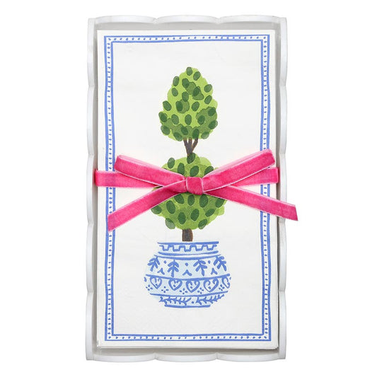 Acrylic Guest Napkin Tray + Napkins | Topiary includes a clear acrylic tray and guest napkins featuring a decorative card with a painted topiary in a blue patterned pot, bordered in blue with a pink velvet ribbon. Sizes: standard guest napkin dimensions; tray fits guest towels.