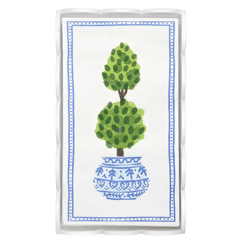 Acrylic Guest Napkin Tray with decorative napkins featuring scalloped edges, a watercolor green topiary in a blue and white pot, and a blue geometric border. Available in guest size.
