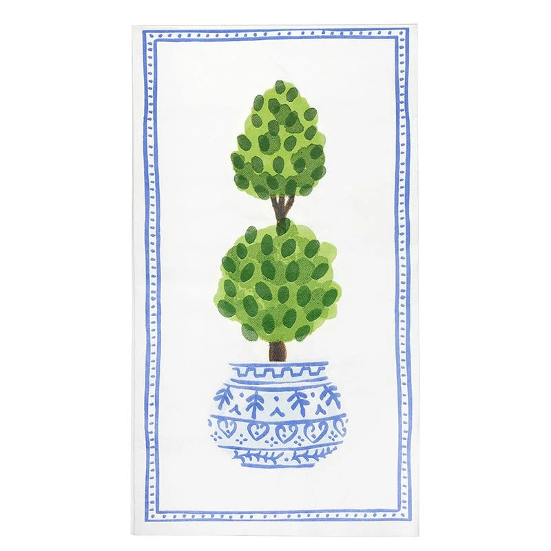Acrylic Guest Napkin Tray with Napkins, features two green topiary trees in a blue and white pot with a blue patterned border. Available sizes: standard guest napkin size.