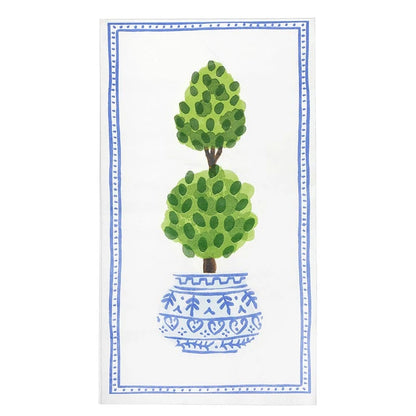 Acrylic Guest Napkin Tray with Napkins, features two green topiary trees in a blue and white pot with a blue patterned border. Available sizes: standard guest napkin size.