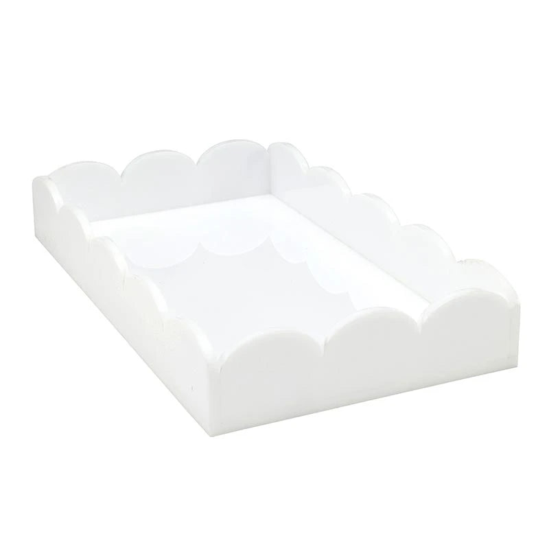Rectangular white acrylic guest napkin tray with raised scalloped edges; available in multiple sizes.