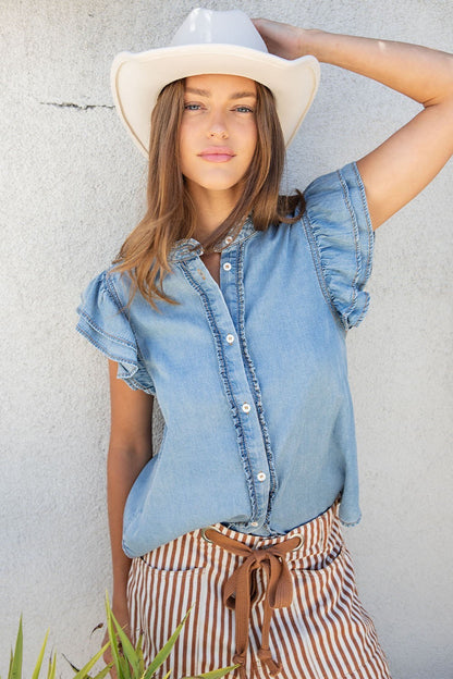 Washed Ruffle Trim Flutter Sleeve Blouse