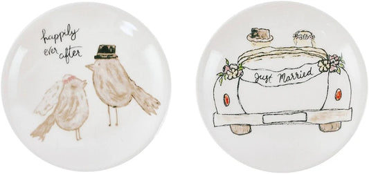 3" round wedding trinket dish in 2 styles: two birds with "happily ever after" or car with "Just Married" sign.