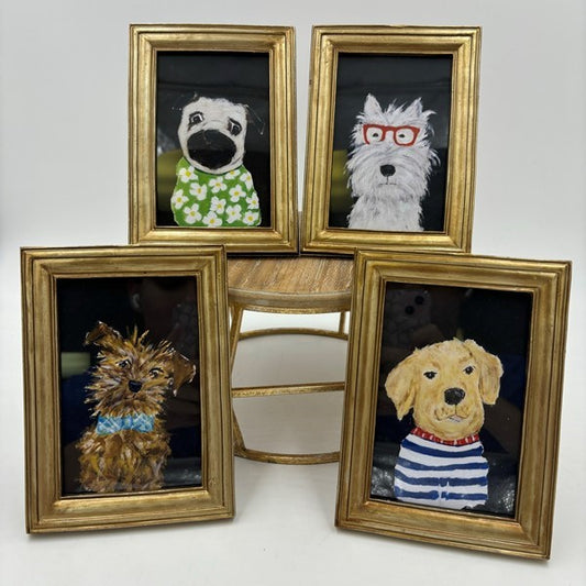 Framed Pet Portraits with dog illustrations in gold frames. Available in 4 styles. Sizes: 5"x7", 8"x10".