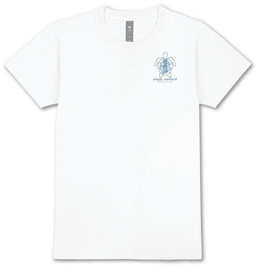 White short-sleeve shirt with small blue sea turtle and "simply southern" logo on left chest. Available in sizes S-XL.