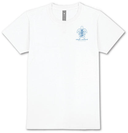 White short-sleeve shirt with small blue sea turtle and "simply southern" logo on left chest. Available in sizes S-XL.