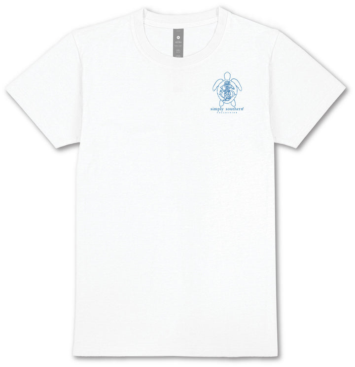 White short-sleeve shirt with small blue sea turtle and "simply southern" logo on left chest. Available in sizes S-XL.